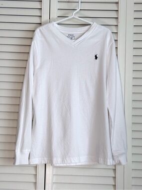 Polo Ralph Lauren T-Shirt Boys Size 7 White Long Sleeve V-Neck Casual Cotton